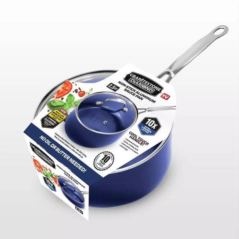 Classic Blue 2.5 qt. Aluminum Ultra-Durable Non-Stick Diamond Infused Saucepan with Glass Lid by GRANITESTONE 3 Classic Blue 2.5 qt. Aluminum Ultra-Durable Non-Stick Diamond Infused Saucepan with Glass Lid by GRANITESTONE