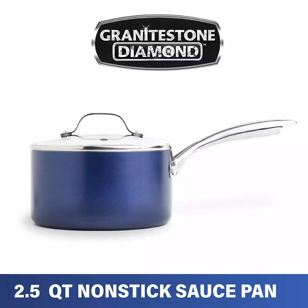 Classic Blue 2.5 qt. Aluminum Ultra-Durable Non-Stick Diamond Infused Saucepan with Glass Lid by GRANITESTONE 4 Classic Blue 2.5 qt. Aluminum Ultra-Durable Non-Stick Diamond Infused Saucepan with Glass Lid by GRANITESTONE - Image 2