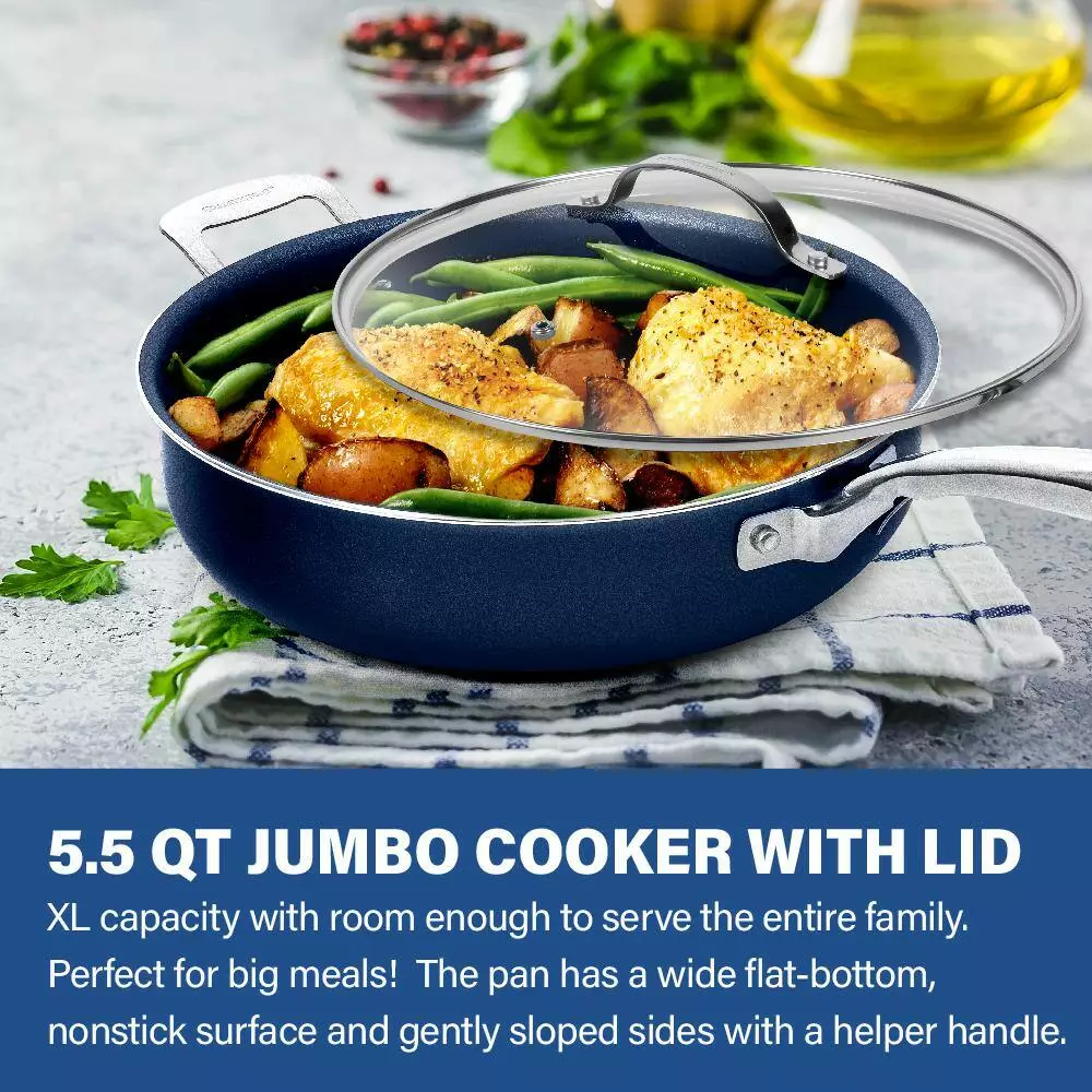 Classic Blue 5.5 qt. Aluminum Ultra-Durable Non-Stick Diamond Infused Deep Saute Pan with Glass Lid and Helper Handle by GRANITESTONE 7 Classic Blue 5.5 qt. Aluminum Ultra-Durable Non-Stick Diamond Infused Deep Saute Pan with Glass Lid and Helper Handle by GRANITESTONE - Image 5