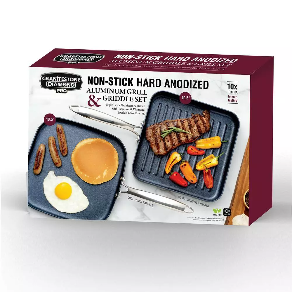 Professional 2-Piece 10.5 in. Hard-Anodized Aluminum Ultimate Nonstick Diamond Infused Grill and Griddle Pans Set by Granite Stone Diamond 9 Professional 2-Piece 10.5 in. Hard-Anodized Aluminum Ultimate Nonstick Diamond Infused Grill and Griddle Pans Set by Granite Stone Diamond - Image 7