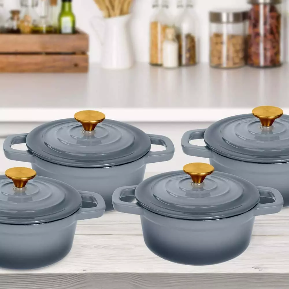 0.25 qt. Round Cast Iron Enameled Gray Mini Cocotte with Lid (Set of 4) by LEXI HOME 5 0.25 qt. Round Cast Iron Enameled Gray Mini Cocotte with Lid (Set of 4) by LEXI HOME - Image 3