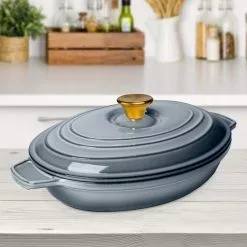 1 qt. Oval Cast Iron Enameled Gray 9 in. Casserole with Lid by LEXI HOME 7 1 qt. Oval Cast Iron Enameled Gray 9 in. Casserole with Lid by LEXI HOME -Cookware Sales Shop gray dutch ovens lb5676 31 1000