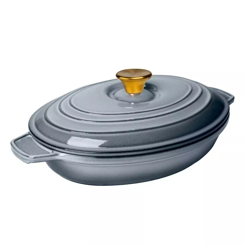 1 qt. Oval Cast Iron Enameled Gray 9 in. Casserole with Lid by LEXI HOME 3 1 qt. Oval Cast Iron Enameled Gray 9 in. Casserole with Lid by LEXI HOME