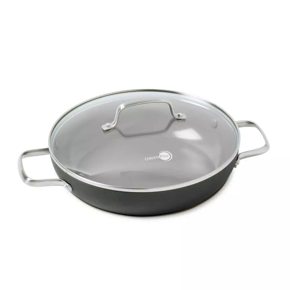 Chatham 11 in. Hard-Anodized Aluminum Ceramic Nonstick Frying Pan in Gray with Glass Lid by GreenPan 3 Chatham 11 in. Hard-Anodized Aluminum Ceramic Nonstick Frying Pan in Gray with Glass Lid by GreenPan