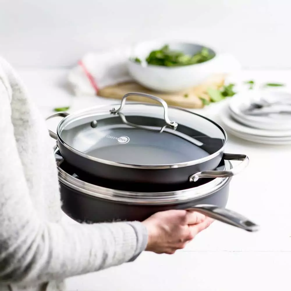 Chatham 11 in. Hard-Anodized Aluminum Ceramic Nonstick Frying Pan in Gray with Glass Lid by GreenPan 4 Chatham 11 in. Hard-Anodized Aluminum Ceramic Nonstick Frying Pan in Gray with Glass Lid by GreenPan - Image 2