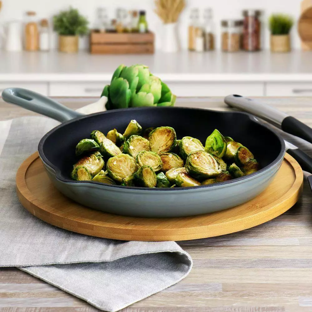 2 Piece 7 qt. Enameled Cast Iron Casserole and 10.25 in. Skillet in Gray by MegaChef 6 2 Piece 7 qt. Enameled Cast Iron Casserole and 10.25 in. Skillet in Gray by MegaChef - Image 4