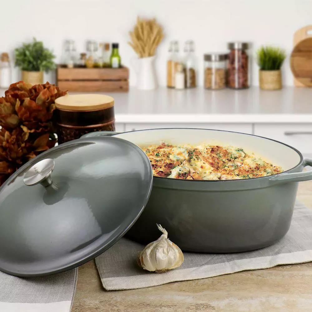 2 Piece 7 qt. Enameled Cast Iron Casserole and 10.25 in. Skillet in Gray by MegaChef 7 2 Piece 7 qt. Enameled Cast Iron Casserole and 10.25 in. Skillet in Gray by MegaChef - Image 5