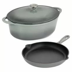 2 Piece 7 qt. Enameled Cast Iron Casserole and 10.25 in. Skillet in Gray by MegaChef