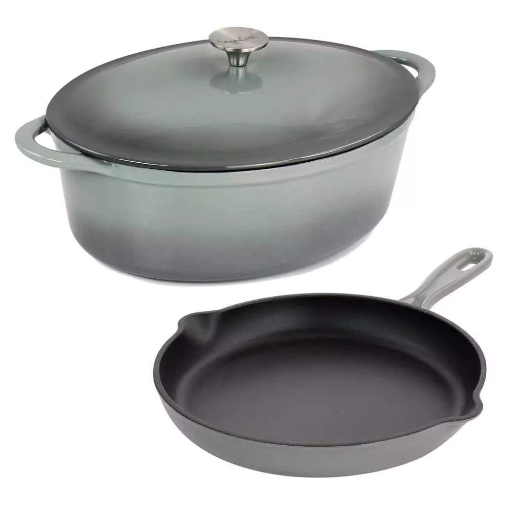 2 Piece 7 qt. Enameled Cast Iron Casserole and 10.25 in. Skillet in Gray by MegaChef 3 2 Piece 7 qt. Enameled Cast Iron Casserole and 10.25 in. Skillet in Gray by MegaChef