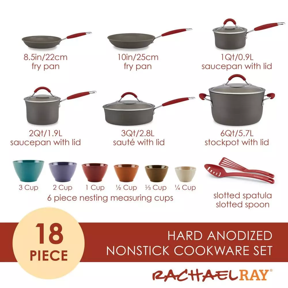 Cucina 18-Piece Hard Anodized Nonstick Cookwaree Set in Grey by Rachael Ray 4 Cucina 18-Piece Hard Anodized Nonstick Cookwaree Set in Grey by Rachael Ray - Image 2