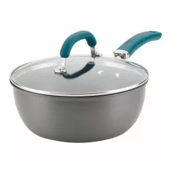 Create Delicious 10 in. Hard-Anodized Aluminum Nonstick Skillet in Gray With Teal Handles with Glass Lid by Rachael Ray