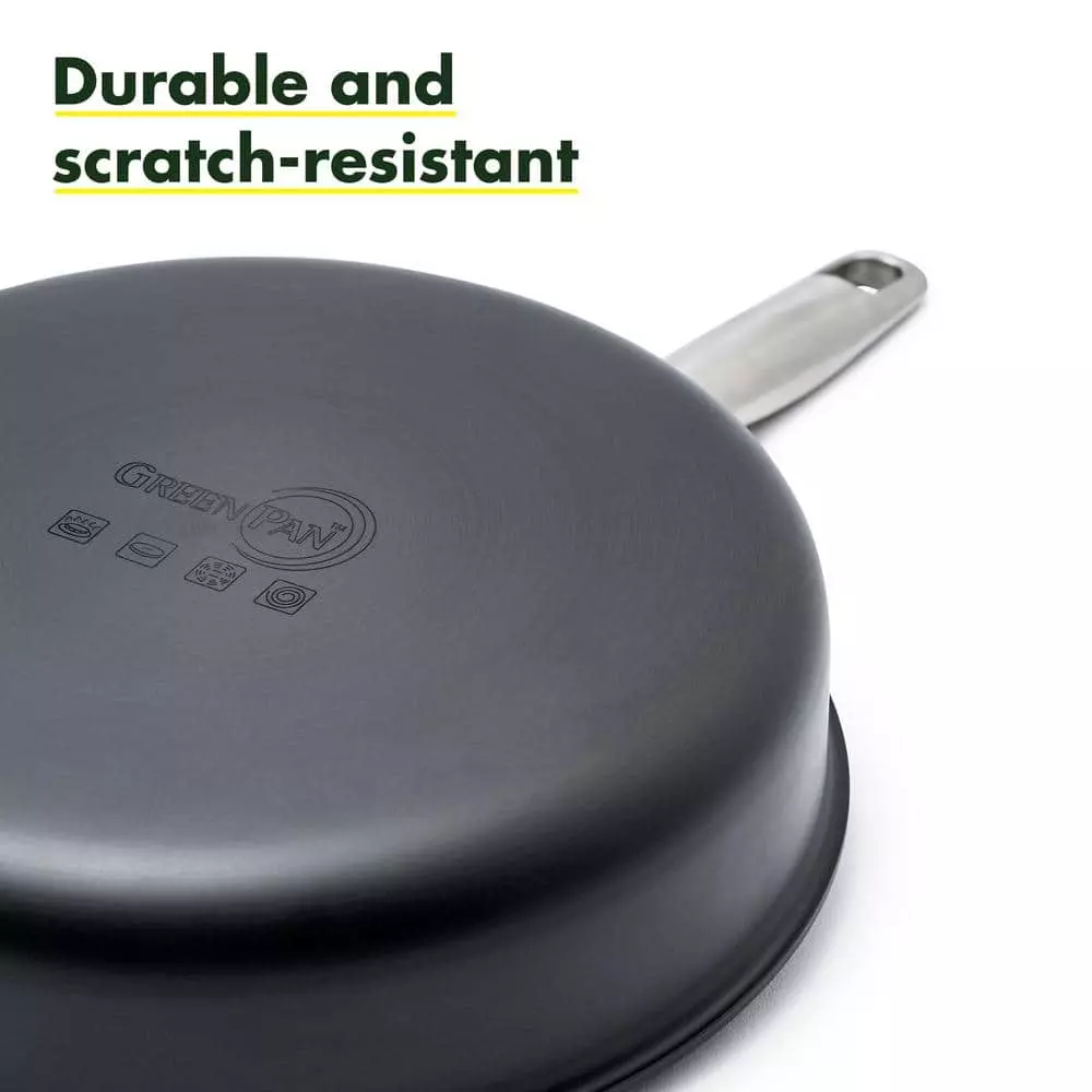 Chatham 5 qt. Hard-Anodized Aluminum Ceramic Nonstick Saute Pan in Gray with Glass Lid by GreenPan 6 Chatham 5 qt. Hard-Anodized Aluminum Ceramic Nonstick Saute Pan in Gray with Glass Lid by GreenPan - Image 4