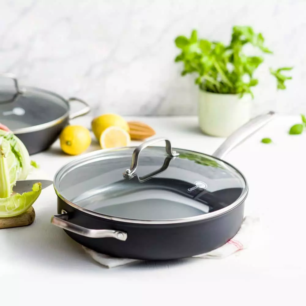 Chatham 5 qt. Hard-Anodized Aluminum Ceramic Nonstick Saute Pan in Gray with Glass Lid by GreenPan 4 Chatham 5 qt. Hard-Anodized Aluminum Ceramic Nonstick Saute Pan in Gray with Glass Lid by GreenPan - Image 2