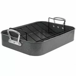 Greystone 12 qt. Speckled Grey Carbon Steel Turkey Roasting Pan Set with Rack by Gibson