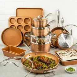 Hammered Copper 17-Piece Aluminum Nonstick Cookware Set by Gotham Steel 21 Hammered Copper 17-Piece Aluminum Nonstick Cookware Set by Gotham Steel -Cookware Sales Shop hammered copper gotham steel pot pan sets 9578 31 1000