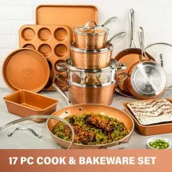 Hammered Copper 17-Piece Aluminum Nonstick Cookware Set by Gotham Steel 16 Hammered Copper 17-Piece Aluminum Nonstick Cookware Set by Gotham Steel -Cookware Sales Shop hammered copper gotham steel pot pan sets 9578 4f 1000