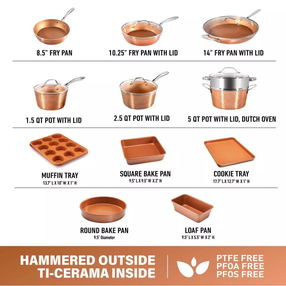 Hammered Copper 17-Piece Aluminum Nonstick Cookware Set by Gotham Steel 6 Hammered Copper 17-Piece Aluminum Nonstick Cookware Set by Gotham Steel - Image 4