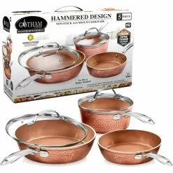 Hammered Copper 5-Piece Aluminum Non-Stick Cookware Set with Glass Lids by Gotham Steel