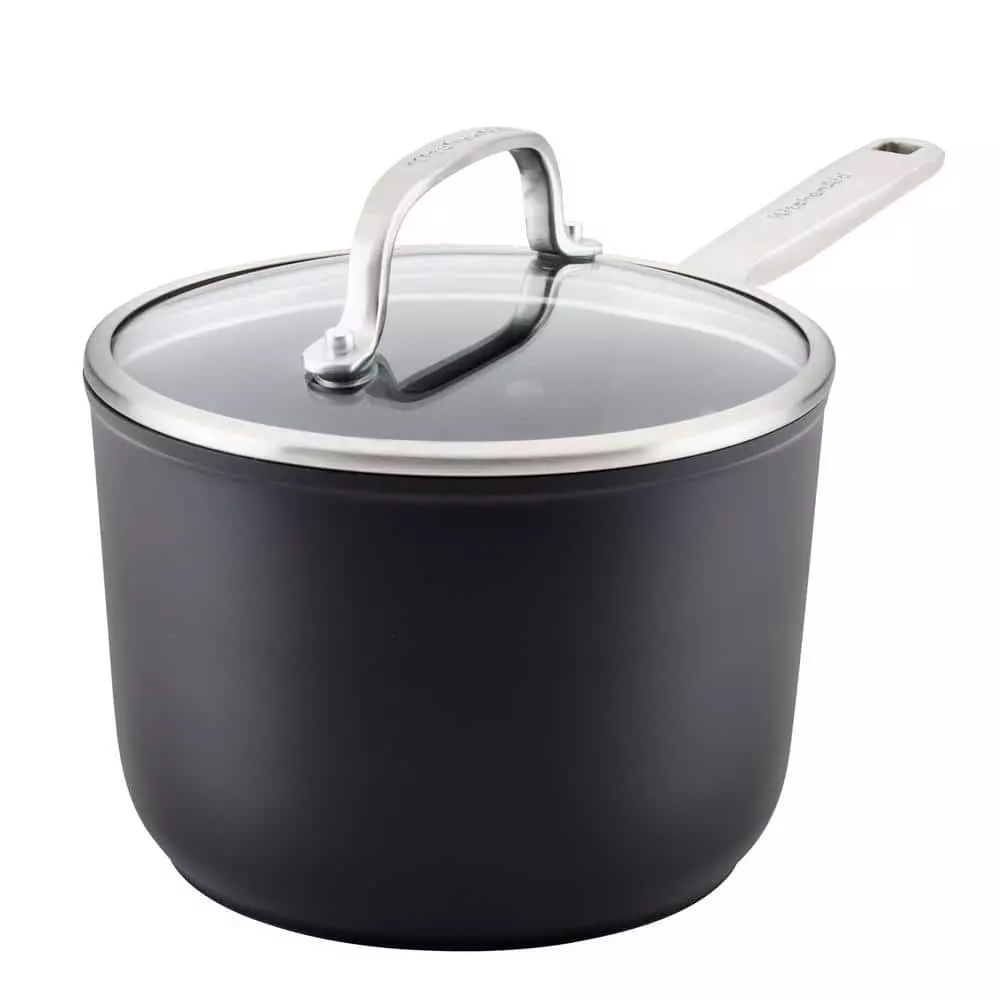 2 qt. Hard-Anodized Induction Matte Black Aluminum Nonstick Saucepan with Lid by KitchenAid 3 2 qt. Hard-Anodized Induction Matte Black Aluminum Nonstick Saucepan with Lid by KitchenAid