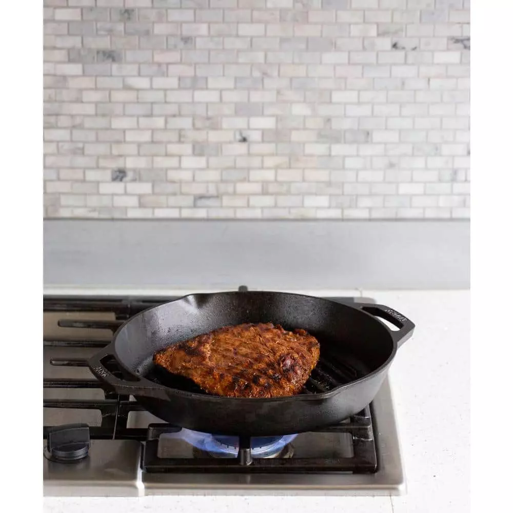 12 in. Cast Iron Grill Pan in Black with Dual Handles by Lodge 8 12 in. Cast Iron Grill Pan in Black with Dual Handles by Lodge - Image 6