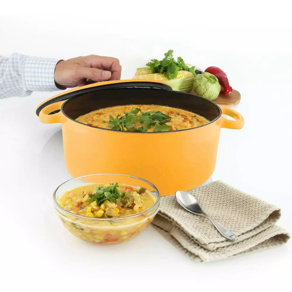 5 qt. Round Enameled Cast Iron Dutch Oven in Marigold with Lid by Chantal 6 5 qt. Round Enameled Cast Iron Dutch Oven in Marigold with Lid by Chantal - Image 4