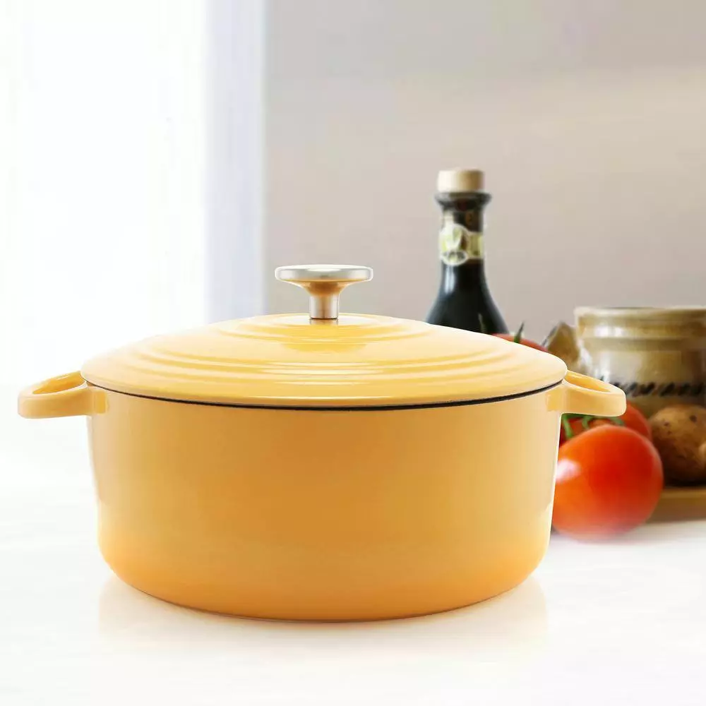 5 qt. Round Enameled Cast Iron Dutch Oven in Marigold with Lid by Chantal 7 5 qt. Round Enameled Cast Iron Dutch Oven in Marigold with Lid by Chantal - Image 5