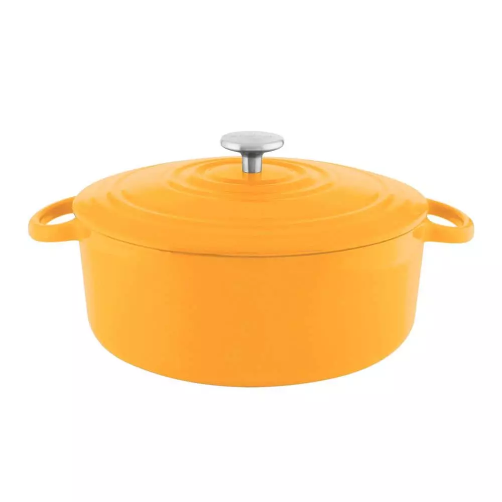 7 qt. Round Enameled Cast Iron Dutch Oven in Marigold with Lid by Chantal 3 7 qt. Round Enameled Cast Iron Dutch Oven in Marigold with Lid by Chantal