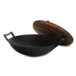 14 in. Heavy Duty Cast Iron Wok with Wood Lid by MegaChef