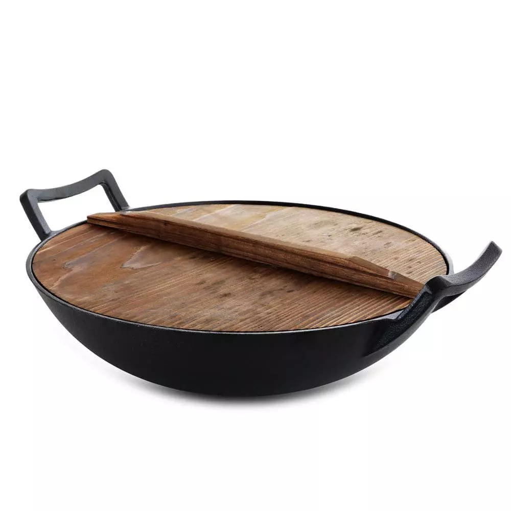 14 in. Heavy Duty Cast Iron Wok with Wood Lid by MegaChef 9 14 in. Heavy Duty Cast Iron Wok with Wood Lid by MegaChef - Image 7