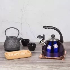 Rhapsody 2.1 Qt. (8.4 Cup) Stainless Steel Whistling Tea Kettle with Metallic Blue Powder Coating by Creative Home 16 Rhapsody 2.1 Qt. (8.4 Cup) Stainless Steel Whistling Tea Kettle with Metallic Blue Powder Coating by Creative Home -Cookware Sales Shop metallic blue creative home tea kettles 72998 76 1000