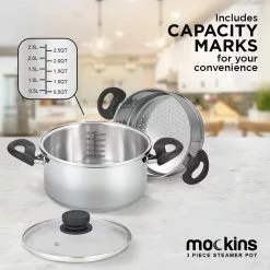 3 Qt. Premium Heavy-Duty Stainless Steel Pot with 2 qt. Steamer Insert and Lid by Mockins 13 3 Qt. Premium Heavy-Duty Stainless Steel Pot with 2 qt. Steamer Insert and Lid by Mockins -Cookware Sales Shop mockins stock pots mk ste pot 52 4f 1000