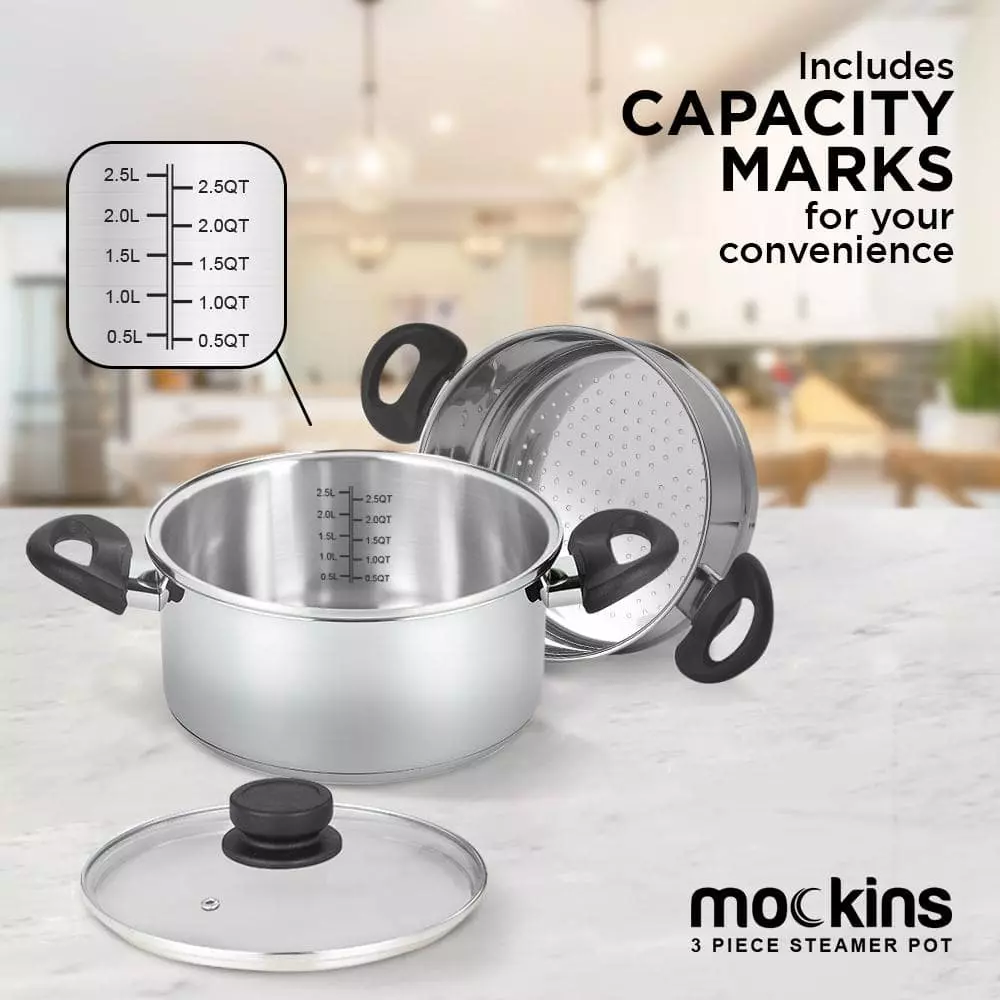3 Qt. Premium Heavy-Duty Stainless Steel Pot with 2 qt. Steamer Insert and Lid by Mockins 6 3 Qt. Premium Heavy-Duty Stainless Steel Pot with 2 qt. Steamer Insert and Lid by Mockins - Image 4