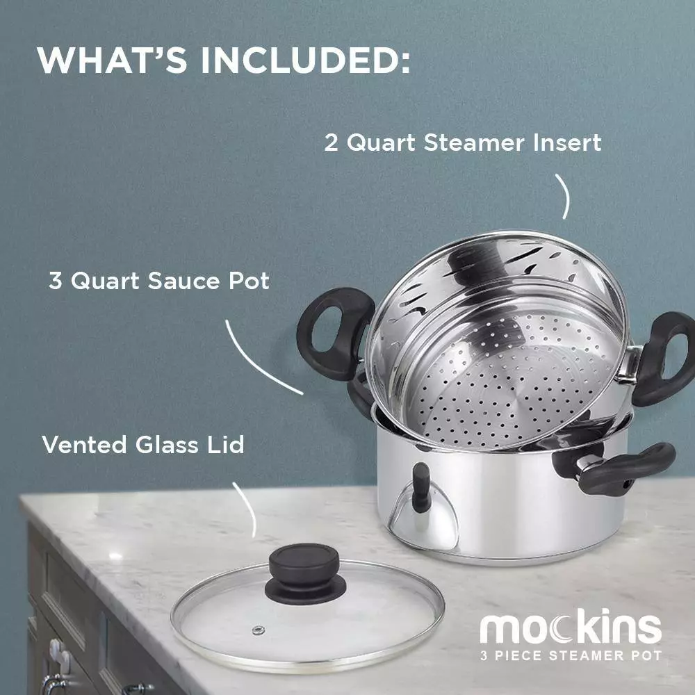 3 Qt. Premium Heavy-Duty Stainless Steel Pot with 2 qt. Steamer Insert and Lid by Mockins 5 3 Qt. Premium Heavy-Duty Stainless Steel Pot with 2 qt. Steamer Insert and Lid by Mockins - Image 3