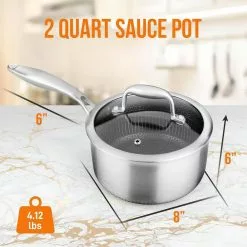 2 qt. Sauce Pot with Glass Lid Triply Stainless Steel Cookware DAKIN Etching Non-Stick Coating Inside and Outside by NutriChef 14 2 qt. Sauce Pot with Glass Lid Triply Stainless Steel Cookware DAKIN Etching Non-Stick Coating Inside and Outside by NutriChef -Cookware Sales Shop nutrichef stock pots nc3psp 4f 1000