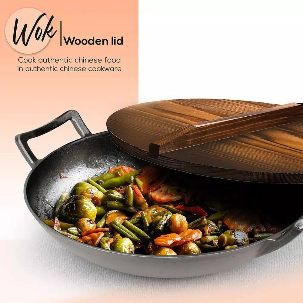 Pre Seasoned Cooking Wok Cast Iron Stir Fry Pan w/Wooden Lid (2 Pack) by NutriChef 5 Pre Seasoned Cooking Wok Cast Iron Stir Fry Pan w/Wooden Lid (2 Pack) by NutriChef - Image 3