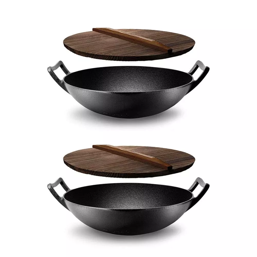 Pre Seasoned Cooking Wok Cast Iron Stir Fry Pan w/Wooden Lid (2 Pack) by NutriChef 3 Pre Seasoned Cooking Wok Cast Iron Stir Fry Pan w/Wooden Lid (2 Pack) by NutriChef