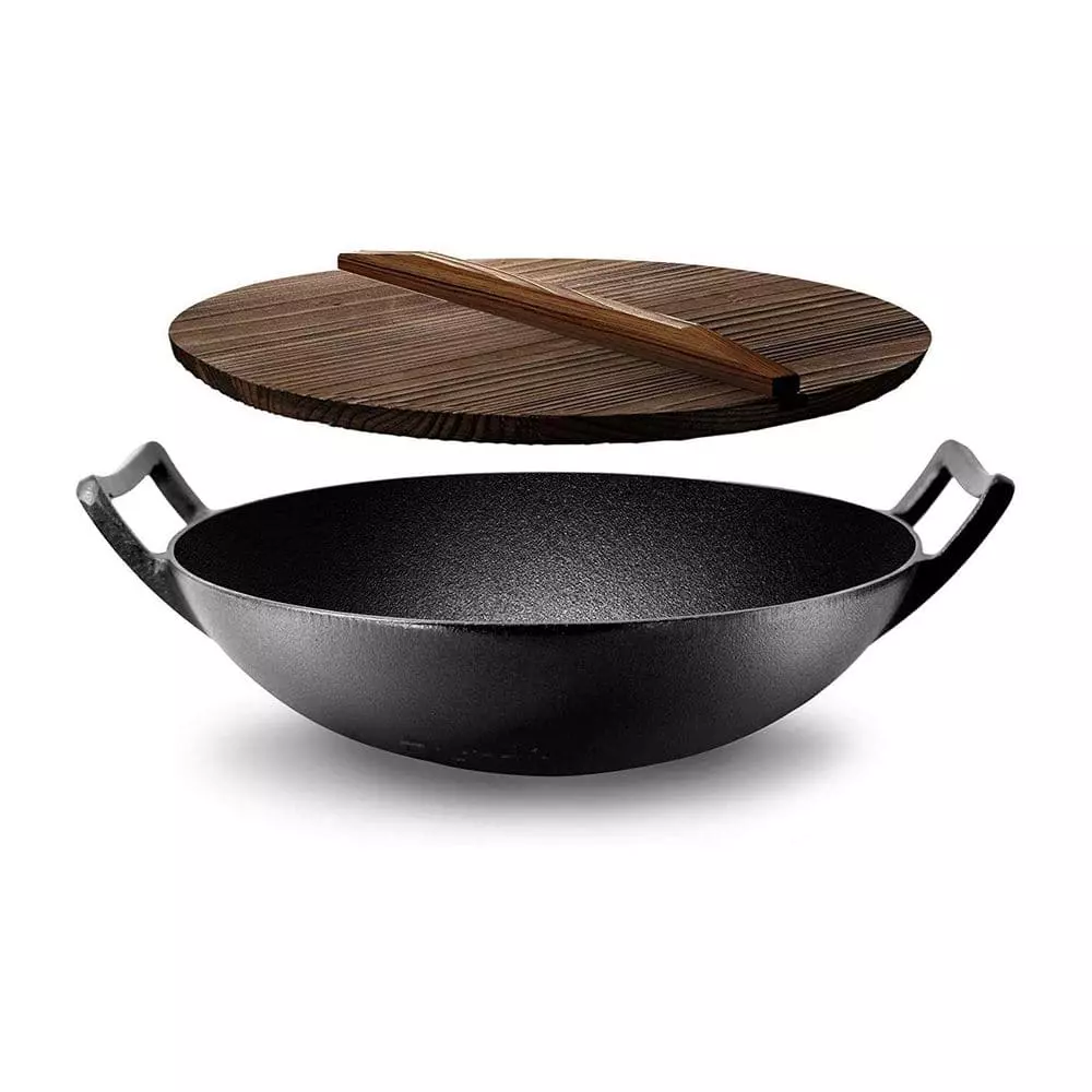 Pre Seasoned Cooking Wok Cast Iron Stir Fry Pan w/Wooden Lid (2 Pack) by NutriChef 4 Pre Seasoned Cooking Wok Cast Iron Stir Fry Pan w/Wooden Lid (2 Pack) by NutriChef - Image 2