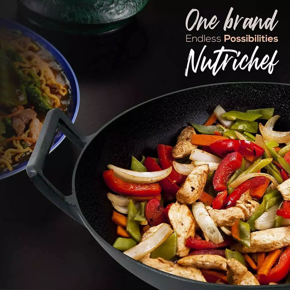 Pre Seasoned Cooking Wok Cast Iron Stir Fry Pan w/Wooden Lid (2 Pack) by NutriChef 8 Pre Seasoned Cooking Wok Cast Iron Stir Fry Pan w/Wooden Lid (2 Pack) by NutriChef - Image 6