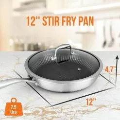 Large 12 in. Nonstick Tri-Ply Stainless Steel Cooktop Stir Fry Pan with Glass by NutriChef -Cookware Sales Shop nutrichef woks stir fry pans nc3pl12 c3 1000