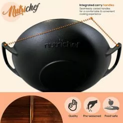 Pre Seasoned 18 in. Wok Cast Iron Stir Fry Pan w/Reversible Grill Plate Pan by NutriChef -Cookware Sales Shop nutrichef woks stir fry pans ncciwok60 nccirg59 44 1000