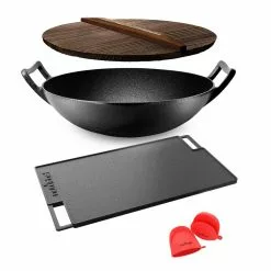 Pre Seasoned 18 in. Wok Cast Iron Stir Fry Pan w/Reversible Grill Plate Pan by NutriChef