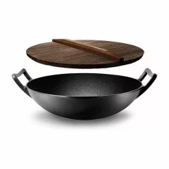 Pre Seasoned 18 in. Wok Cast Iron Stir Fry Pan w/Reversible Grill Plate Pan by NutriChef -Cookware Sales Shop nutrichef woks stir fry pans ncciwok60 nccirg59 c3 1000