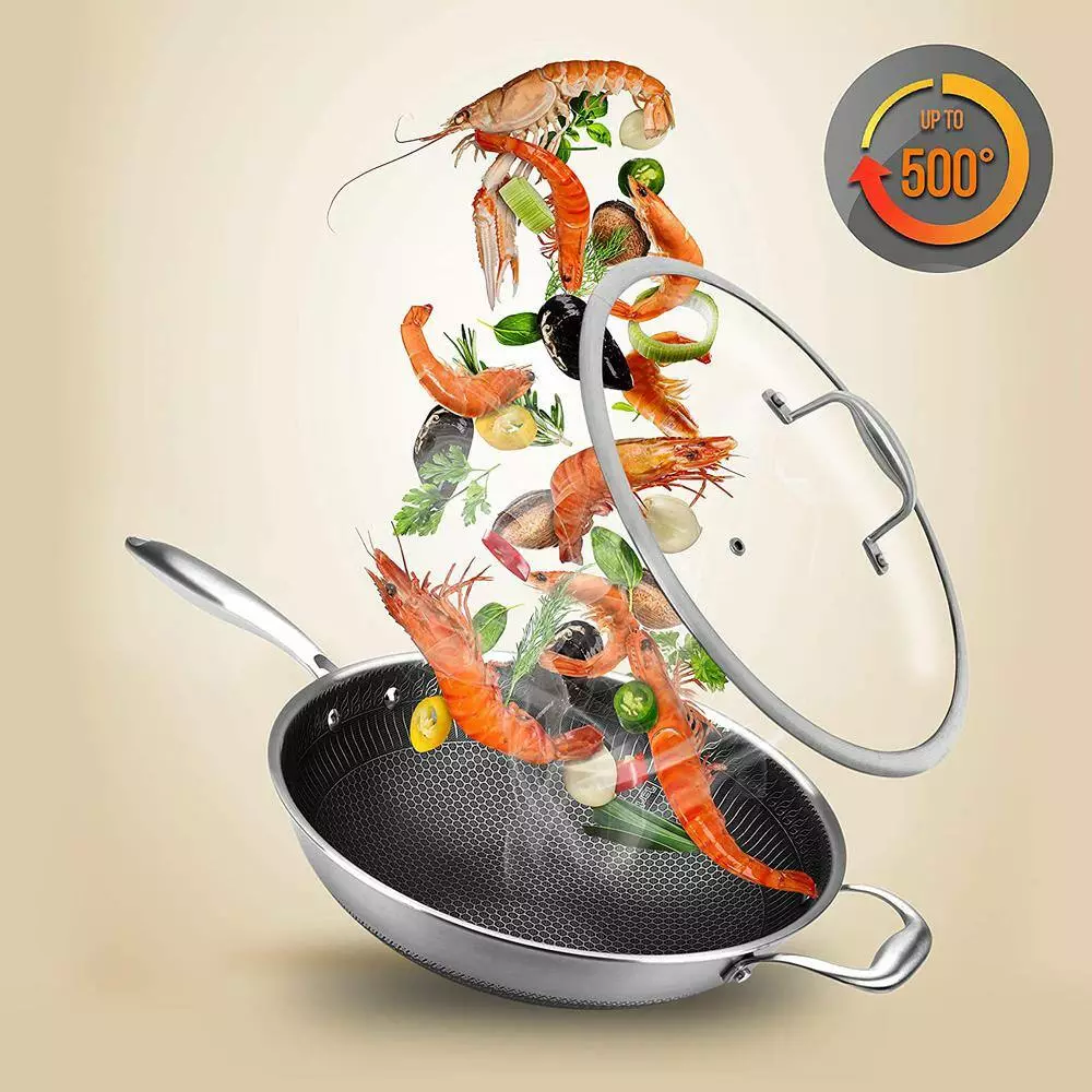 Large 12 in. Black Stainless Steel Woks with Triply DAKIN Etching Non-Stick Coating and Side Handle by NutriChef 8 Large 12 in. Black Stainless Steel Woks with Triply DAKIN Etching Non-Stick Coating and Side Handle by NutriChef - Image 6