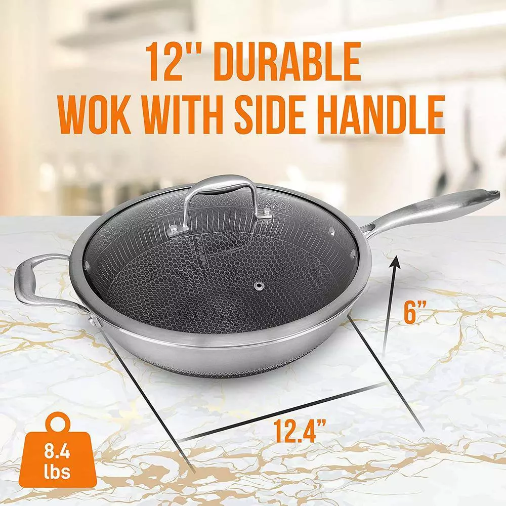 Large 12 in. Black Stainless Steel Woks with Triply DAKIN Etching Non-Stick Coating and Side Handle by NutriChef 4 Large 12 in. Black Stainless Steel Woks with Triply DAKIN Etching Non-Stick Coating and Side Handle by NutriChef - Image 2