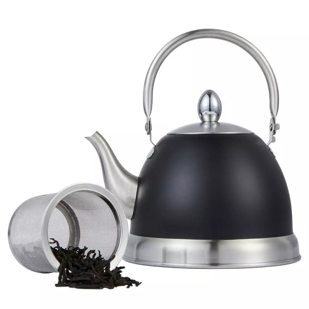4 Cups. Opaque Black Stainless Steel Tea Kettle with Folding Handle, Removable Infuser Basket for Loose Tea Leaves by Creative Home 3 4 Cups. Opaque Black Stainless Steel Tea Kettle with Folding Handle, Removable Infuser Basket for Loose Tea Leaves by Creative Home