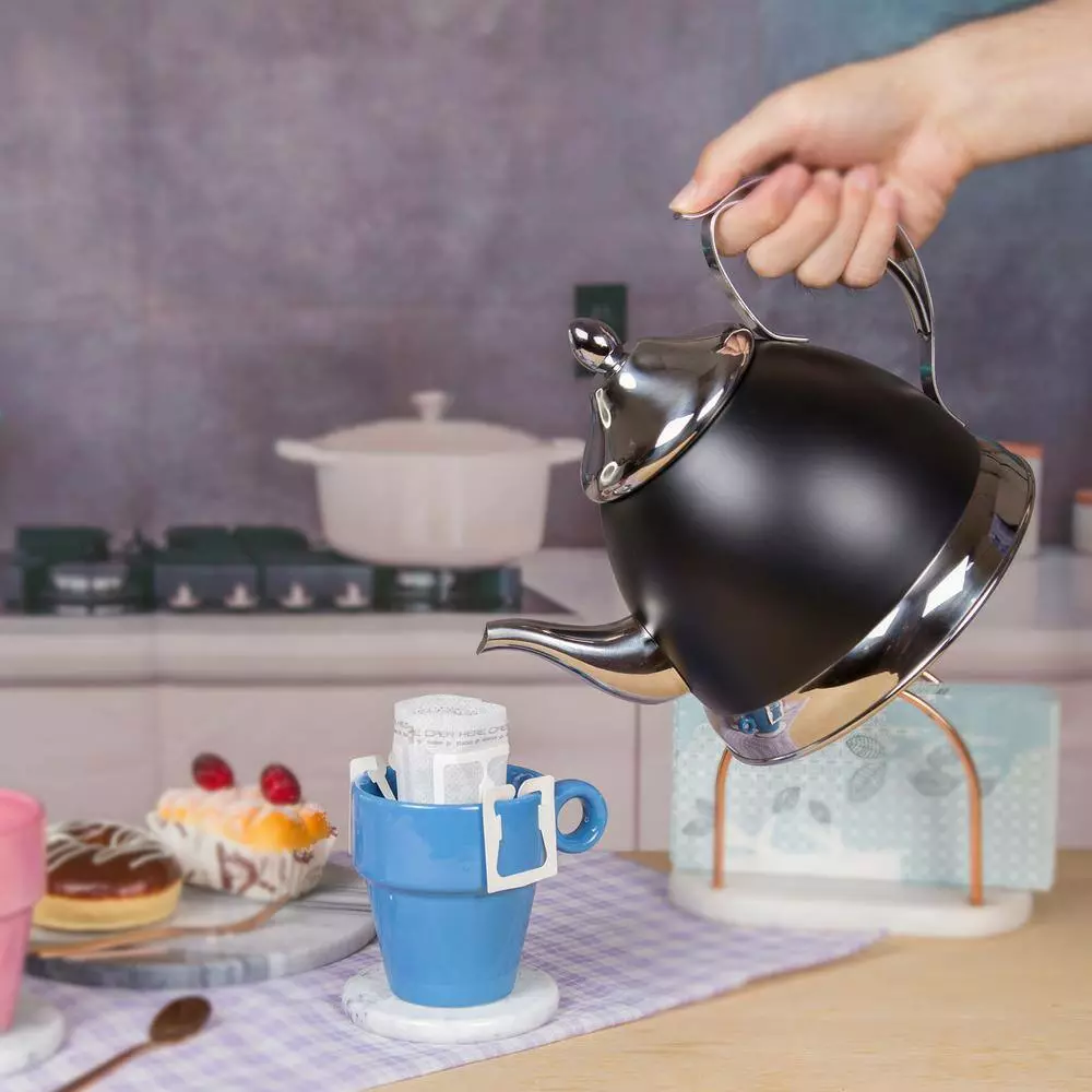 Nobili-Tea 2.0 qt. Opaque Black Stainless Steel Tea Kettle with Removable Infuser Basket, Aluminum Capsulated Bottom by Creative Home 9 Nobili-Tea 2.0 qt. Opaque Black Stainless Steel Tea Kettle with Removable Infuser Basket, Aluminum Capsulated Bottom by Creative Home - Image 7