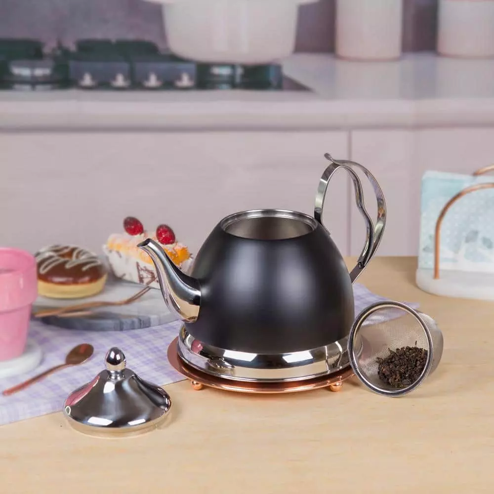 Nobili-Tea 2.0 qt. Opaque Black Stainless Steel Tea Kettle with Removable Infuser Basket, Aluminum Capsulated Bottom by Creative Home 5 Nobili-Tea 2.0 qt. Opaque Black Stainless Steel Tea Kettle with Removable Infuser Basket, Aluminum Capsulated Bottom by Creative Home - Image 3