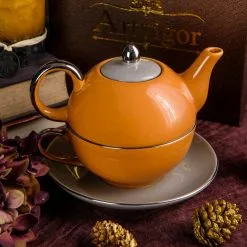 10 oz. Single Serve 1-Piece Orange Porcelain Teapot Teacup and Saucer Set by Artvigor -Cookware Sales Shop orange artvigor tea kettles art cc006 44 1000