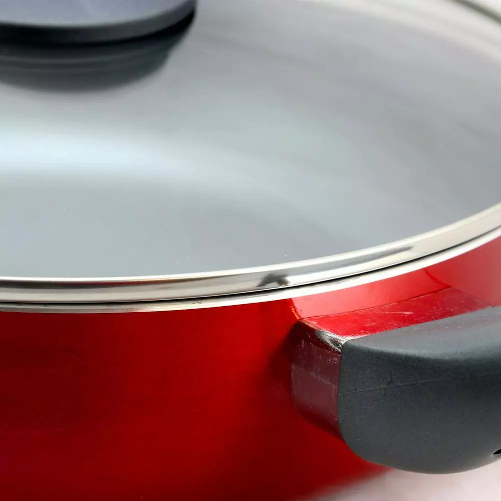 Herscher 3.5 qt. Aluminum Nonstick Saute Pan in Red Gloss with Glass Lid by Oster 6 Herscher 3.5 qt. Aluminum Nonstick Saute Pan in Red Gloss with Glass Lid by Oster - Image 4