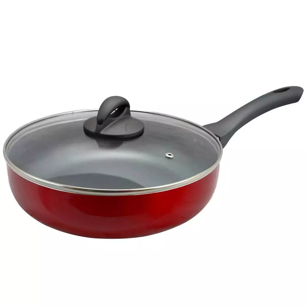 Herscher 3.5 qt. Aluminum Nonstick Saute Pan in Red Gloss with Glass Lid by Oster 3 Herscher 3.5 qt. Aluminum Nonstick Saute Pan in Red Gloss with Glass Lid by Oster